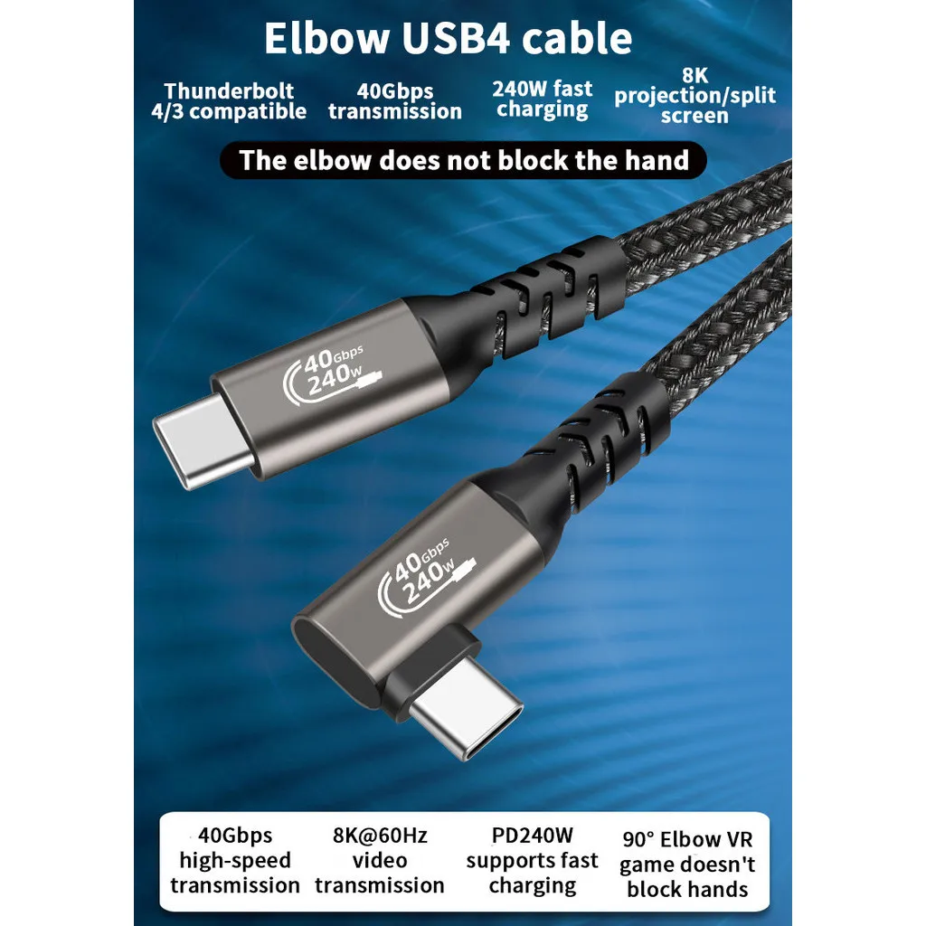كابل Hannord Thunderbolt 4 90 درجة USB 4 من النوع C إلى USB C 40 جيجابت في الثانية 8K PD 240 وات سلك بيانات سريع الشحن لجهاز Macbook Pro iPad SSD