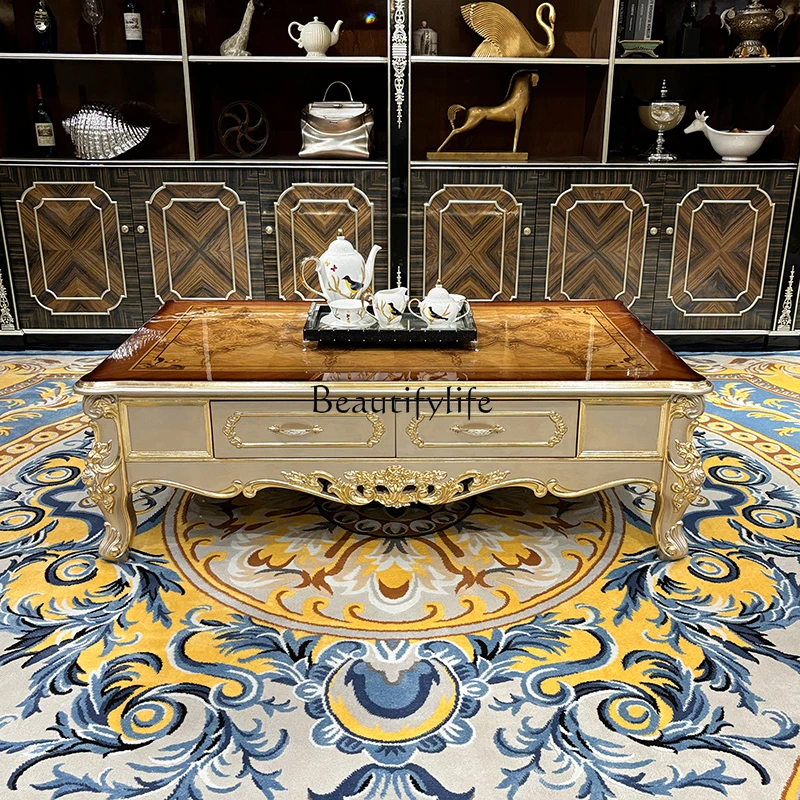 

02 French solid wood coffee table, European luxury carved villa small apartment tea table living room home