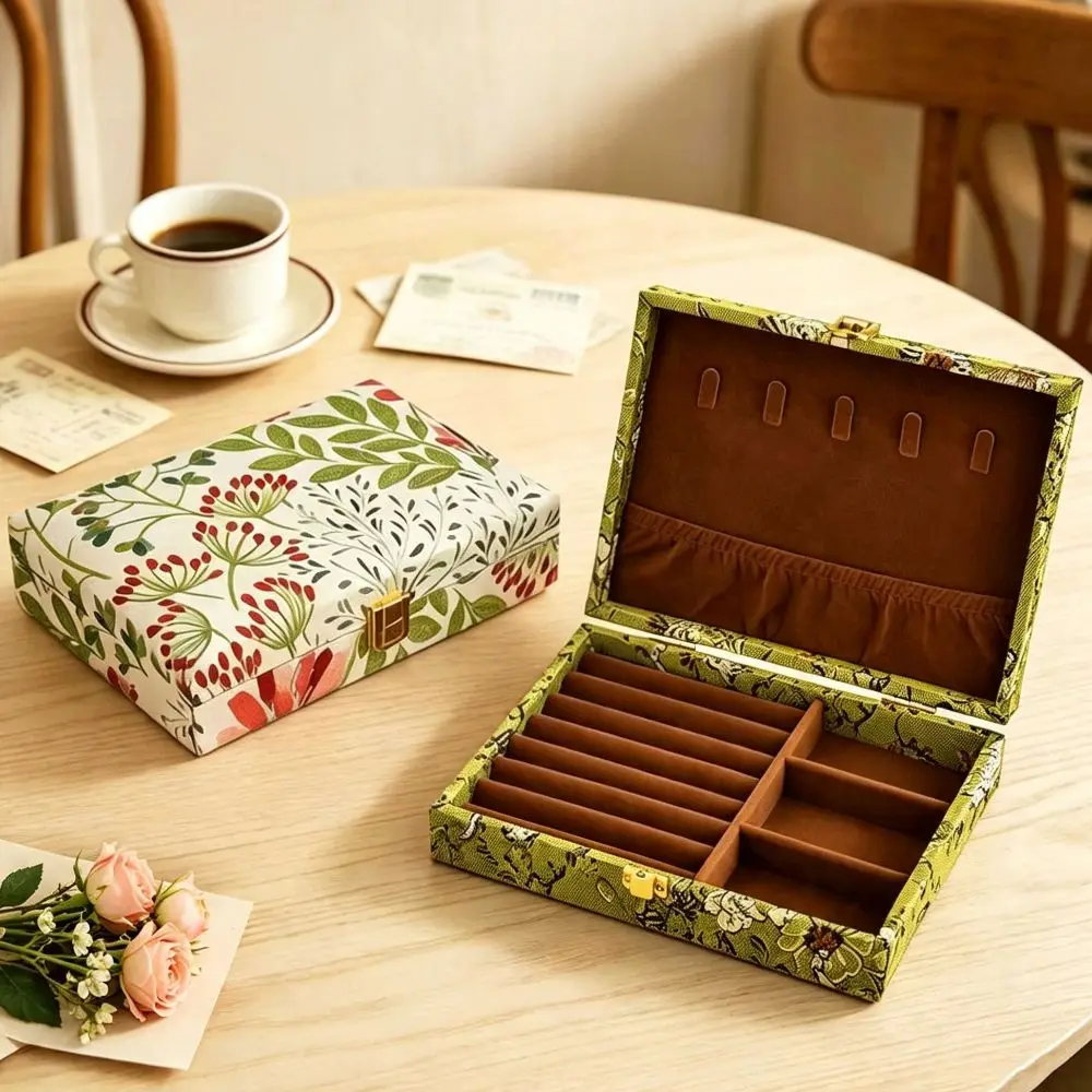 Retro Wooden Jewelry Box Embroidered Large Capacity Multi Compartment Jewelry Holder Luxury Floral Jewelry Storage Organizer