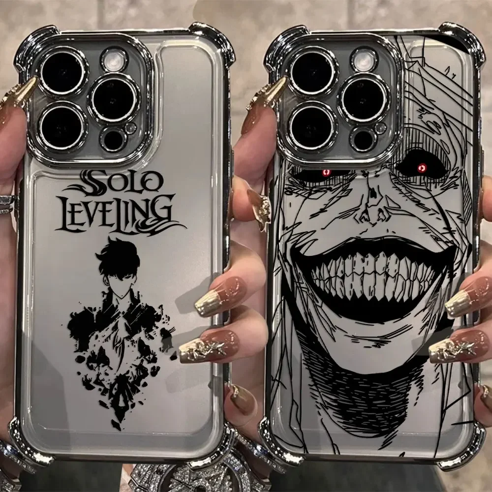 Hot Anime S-Solos L-Leveling Plating Case For iPhone 16 15 14 13 12 11 Pro Max X XR XSMax 7 8 Plus Anti-Fall Airabag Back Cover