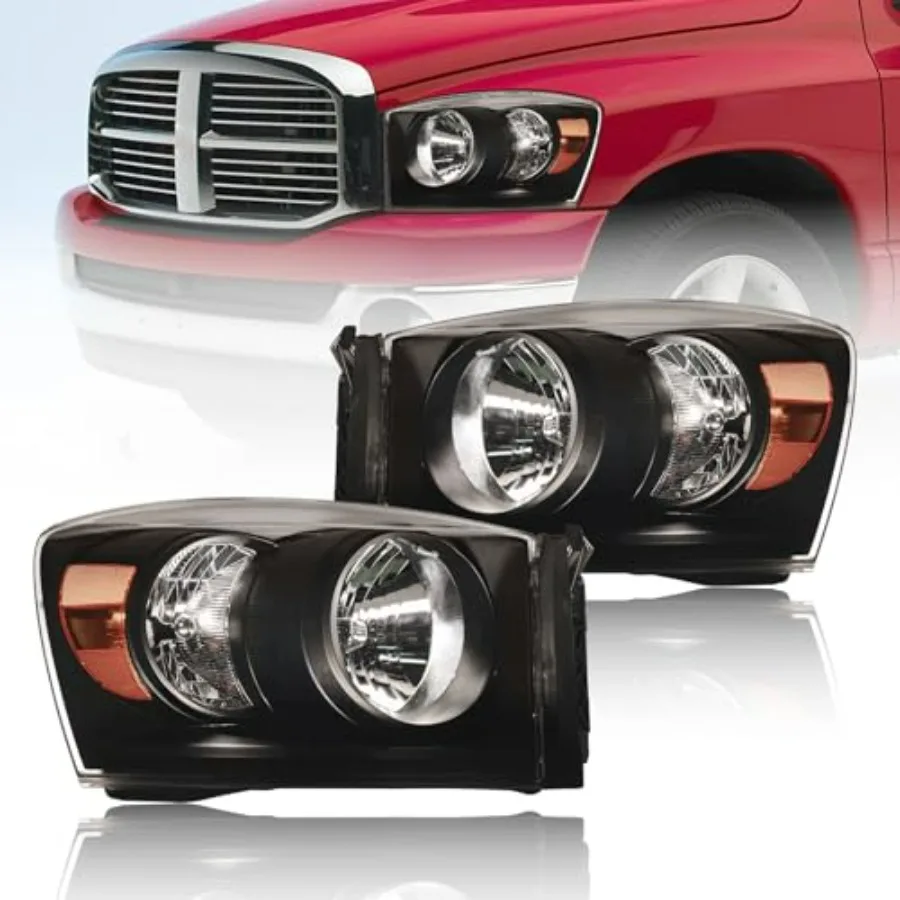 

Фары в сборе для Dodge Ram 1500 2500 3500 2006-2008 годов выпуска, совместимые с моделями 2007-2009 годов, с галогенными лампами, янтарным отражателем, черные.