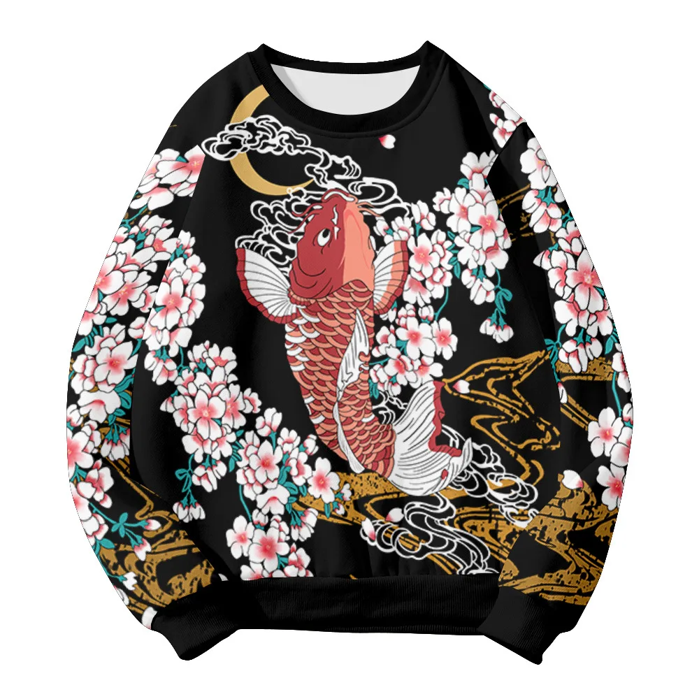

Spring Autumn Vintage Long Sleeve Pullovers Clothes Men Casual Loose O-neck Japanese Style Flower And Fish Print Sweatshirt