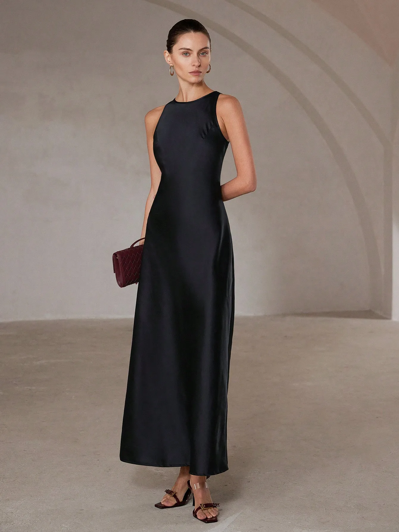 Aveloria Modichic Minimalist Chic Asymmetric Bias-Cut Double-Sided Satin-Like Fabric A-Line Sleeveless Long Dress
