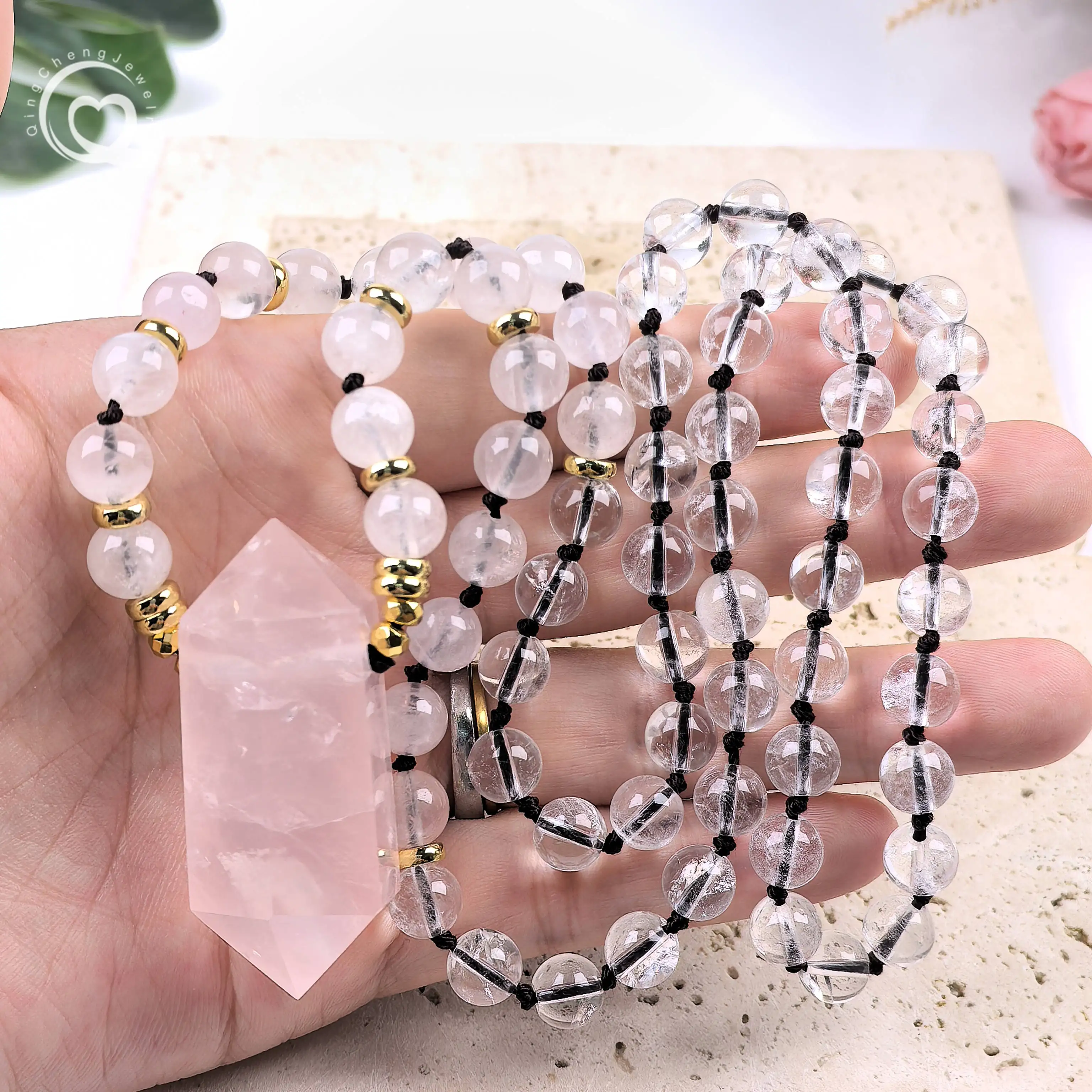 

Clear Crystal Round Beads Yoga Mala Prayer Necklaces Rose Quartz Double Point Pendant Knotted Handmade Women Jewelry Gift,QC0207
