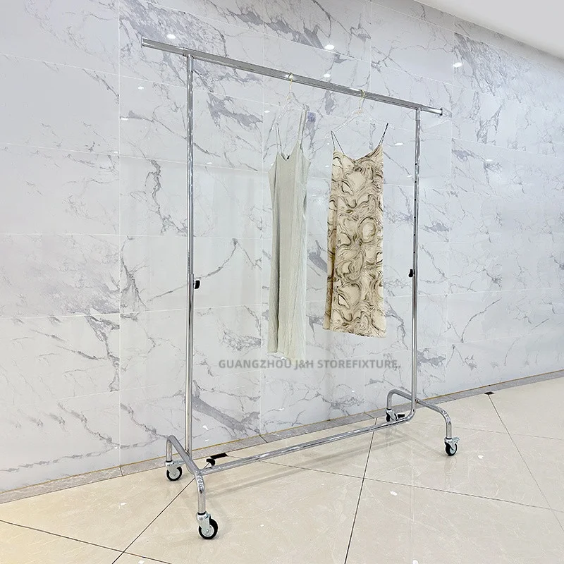 Customized. silver garment display stand retail shop clothes display stand with wheels floor single rail garment rack