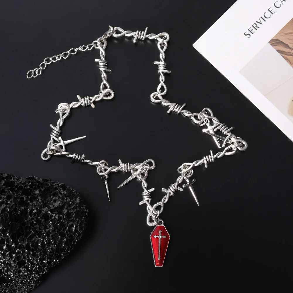 Gothic Vampire Cross Red Coffin Pendant Necklaces for Women Y2k Cool Girl Vintage Silver Color Sword Thorn Chain Party Jewelry