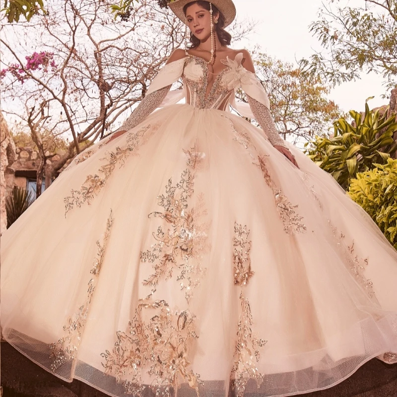 

Светлое шампанское, блестящие платья Quinceanera с открытыми плечами, аппликация с блестками, кружевной корсет с бусинами, тюлевое платье для вечеринки, дня рождения, сладкое 16.