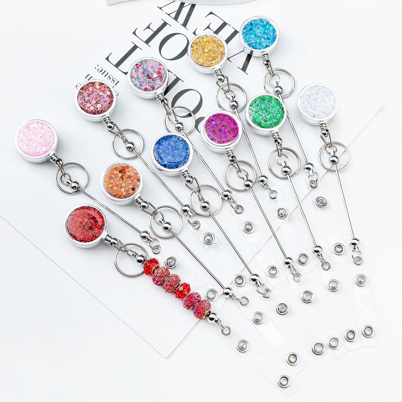 22Pcs Retractable DIY Beaded Lanyard with Glitter Sequin Clip - Secure ID Badge Holder