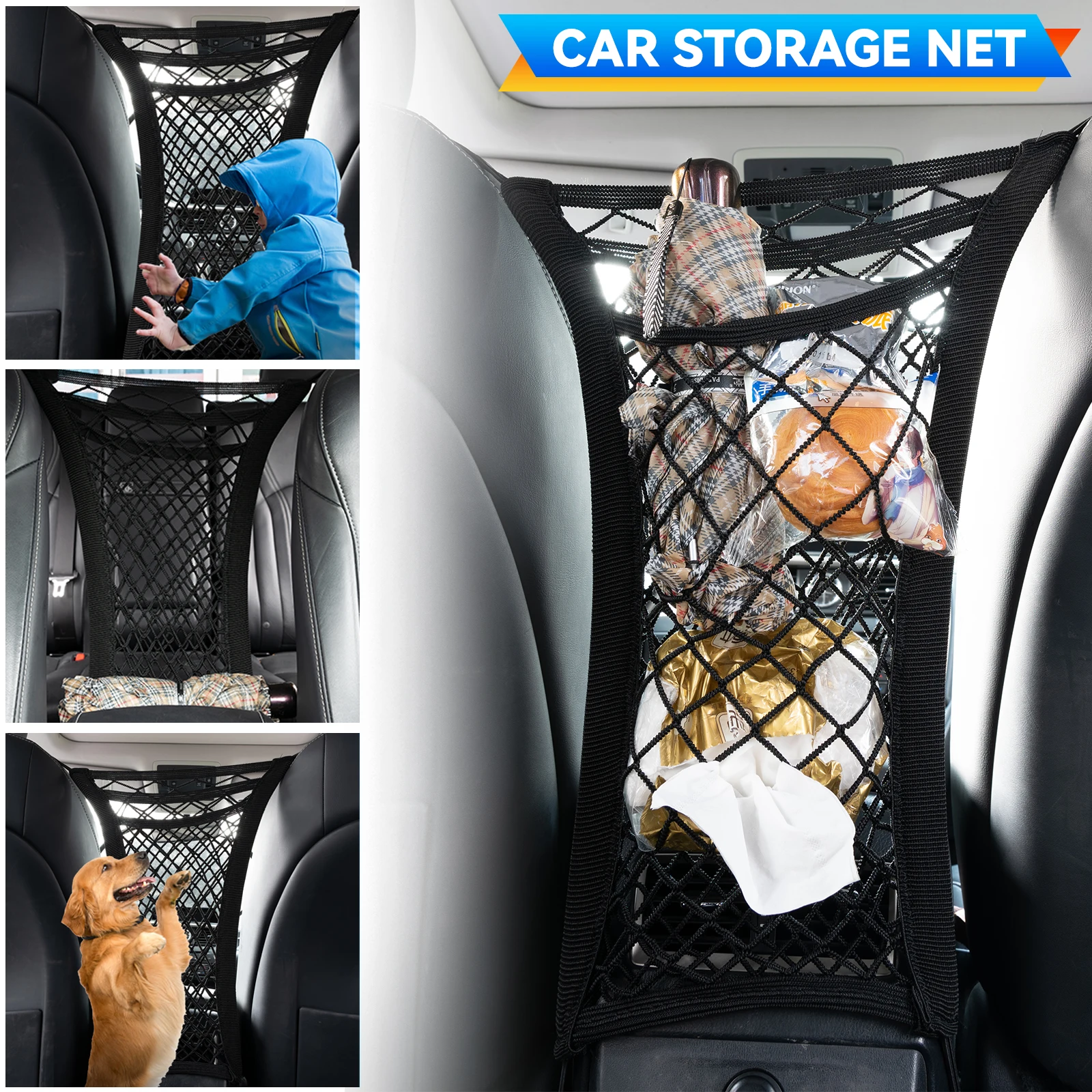 Car 3 Layer Elastic Storage Net Bag Front Seats Divider Auto Interior Wallet Organizer Stretchable Mesh Bag Children Pet Barrier