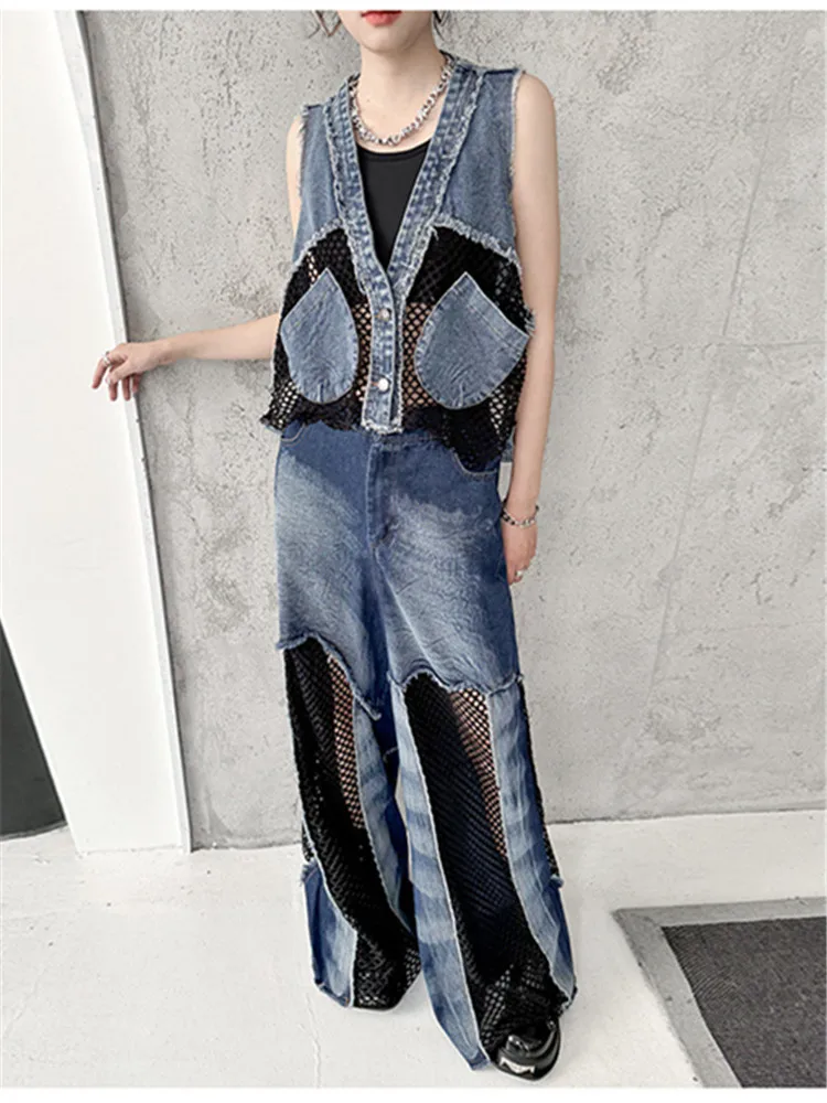 Gilet en Denim à col en v pour femmes, couture en grille, mode de rue frite, bavures amples, gilets courts sans manches, vestes d'été