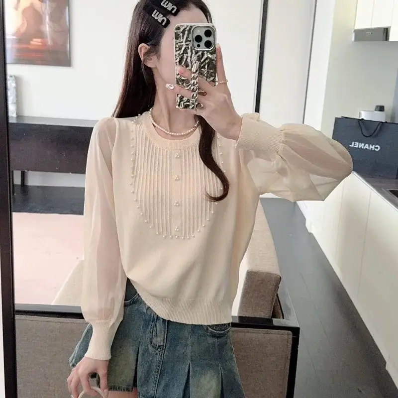 เสื้อสเวตเตอร์ผ้าชีฟองแต่งลูกปัด แขนยาว สำหรับผู้หญิง สไตล์ใหม่ล่าสุดสำหรับฤดูใบไม้ผลิและฤดูใบไม้ร่วง เสื้อทรงเข้ารูปสวยเก๋