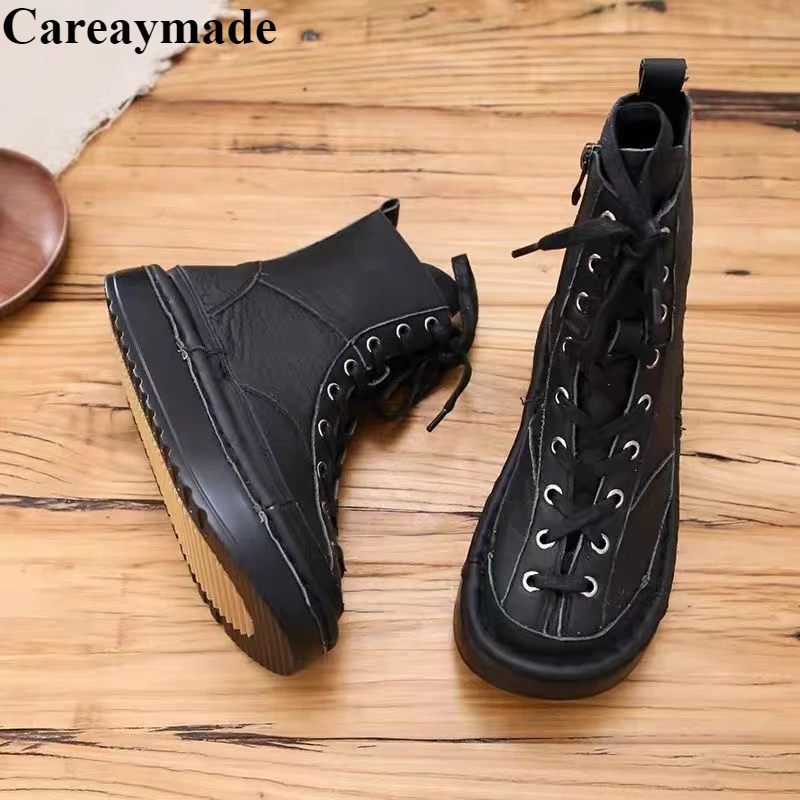 Careaymade-Literary style autumn new lace up women's boots handsome boots college style thick bottom muffin round head boots