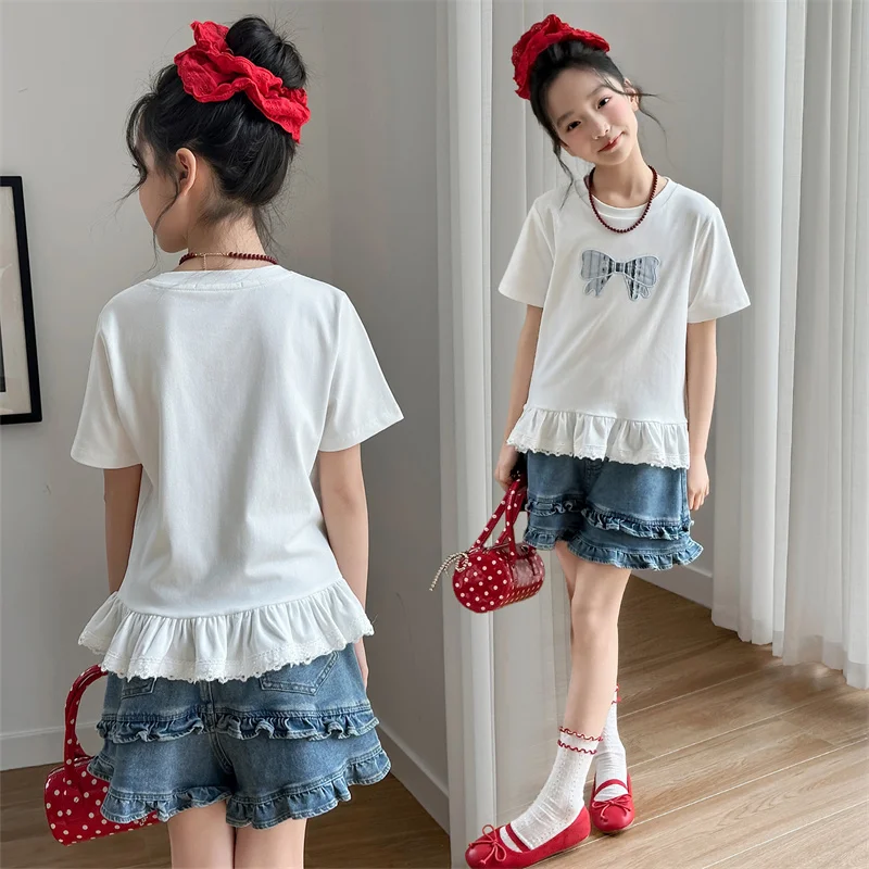 High Quality Princess Outfit 2-Piece Set for Girls Sweet Bow Tee Top with Shorts Cute Spring Summer Daily Wear Ages 6-14Y Child