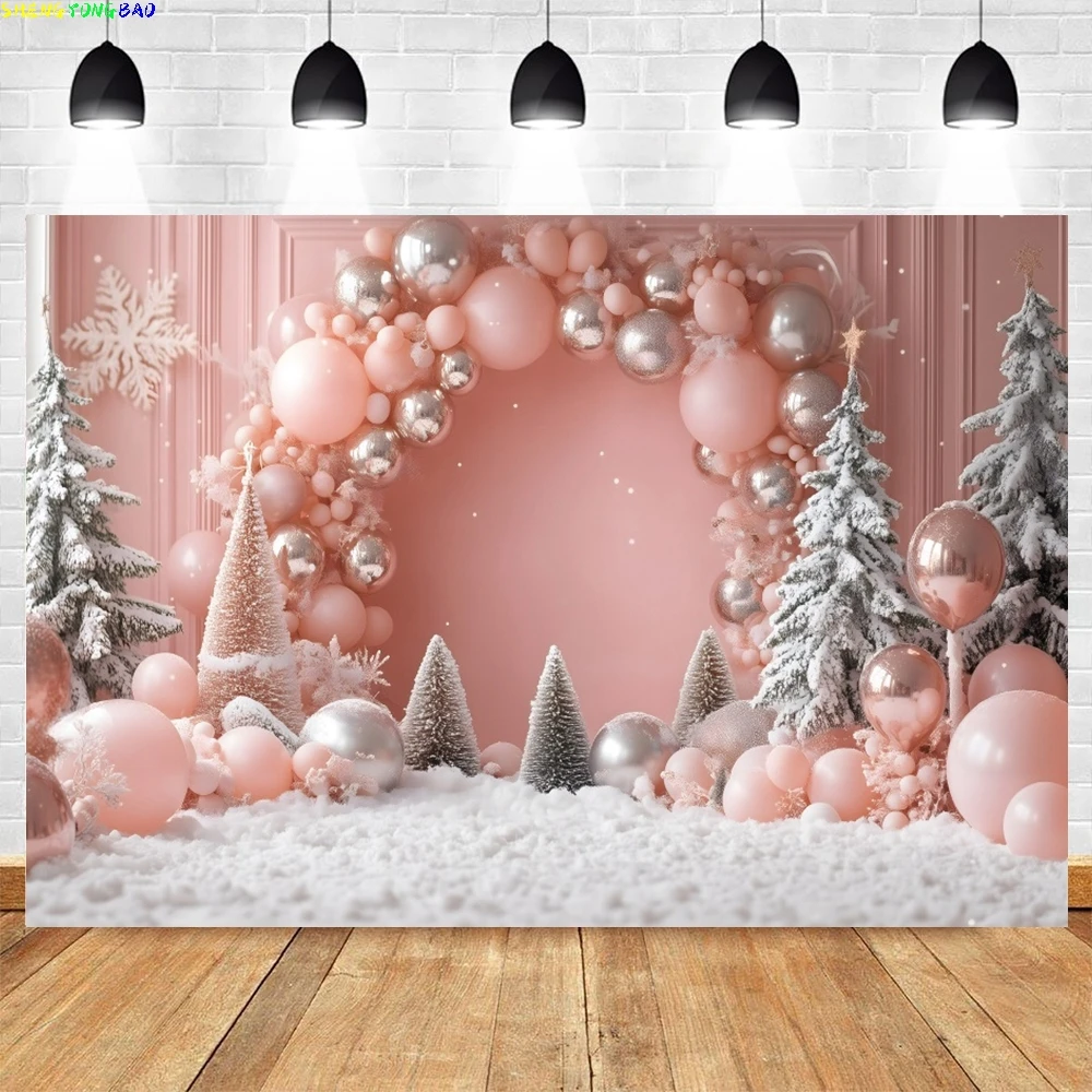 Pink ChristmasTrees Xmas Balls Background Winter Snow Photography Backdrop Kids New Year Home Party Decoration Banner