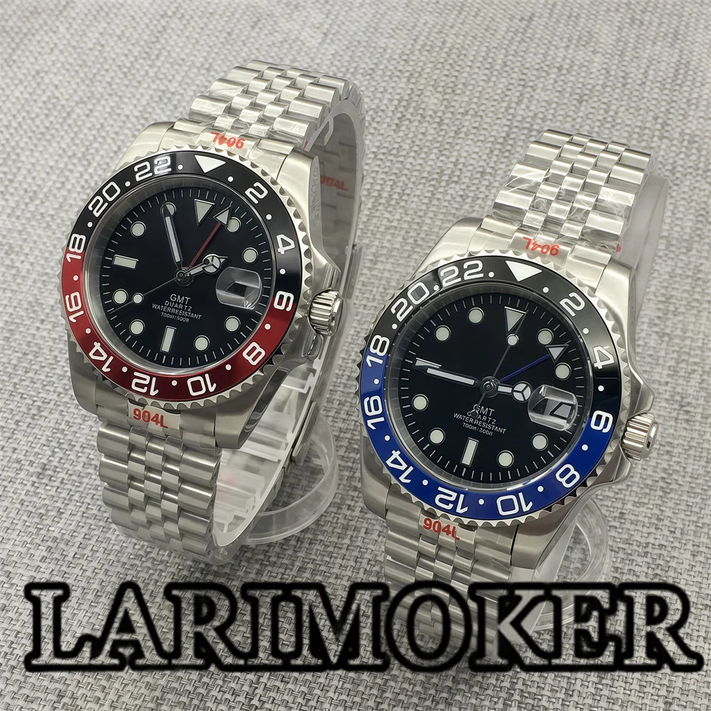 LARIMOKER Watch Rhonda 515-24h(GMT)Movement 40mm Silver Case 120 Clicks Bezel Ceramic blackDial Sapphire Glass Glide Lock