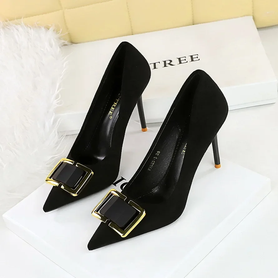 BIGTREE sepatu hak tinggi 9cm untuk wanita, sepatu kets pernikahan model gesper persegi logam desainer mewah, sepatu Stiletto Prom dengan hak tinggi 9cm untuk wanita