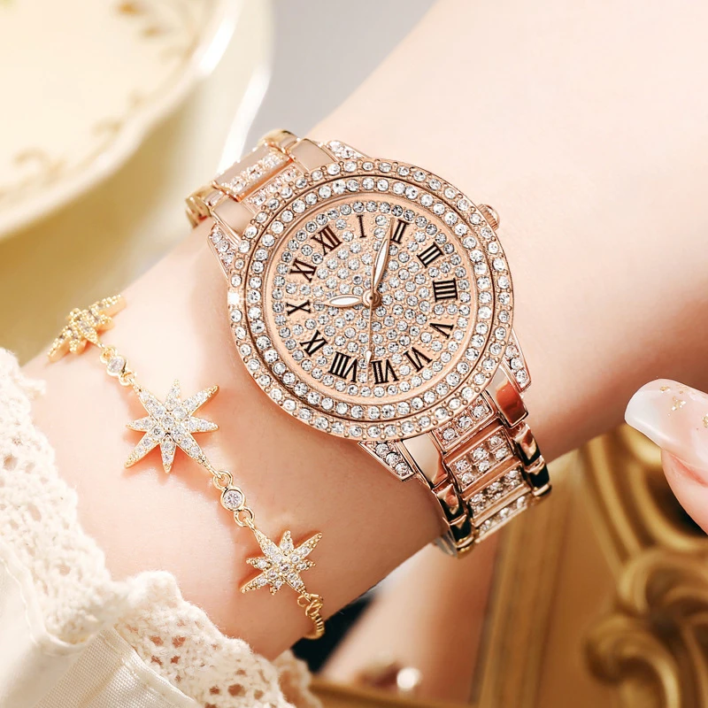 Jam tangan Quartz wanita berlian buatan modis jam tangan wanita elegan tali Stainless Steel skala Roma merek mewah hadiah