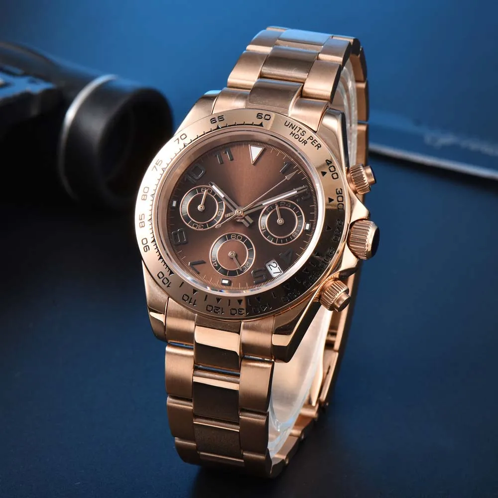 Rose Gold Men's Mechanical Watch VK63 Quartz Watch Triple Eye Chronograph Sapphire Glass Solid Caseback Clock Gifts