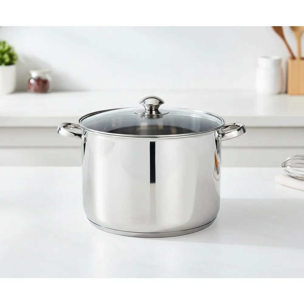 

8-Quart Stainless Steel Stock Pot with Glass Lid, Induction Ready, Oven & Dishwasher Safe for Family Cooking