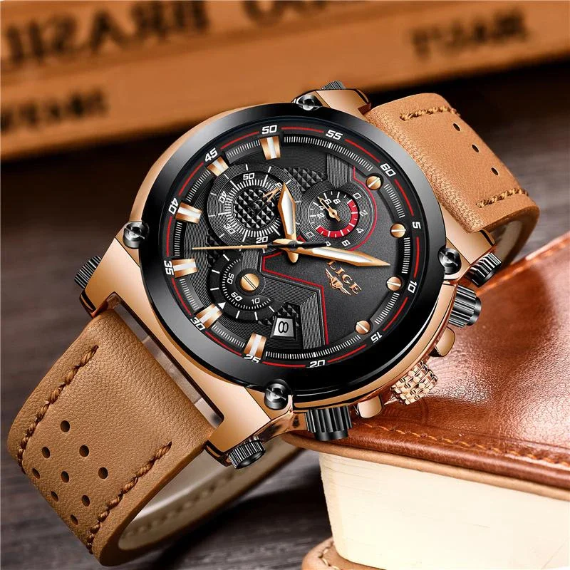 LIGE Quartz Men\'s Watches Top Brand Luxury Casual Sport Man Watch Leather Strap Military Waterproof Wristwatches Calendar Clock