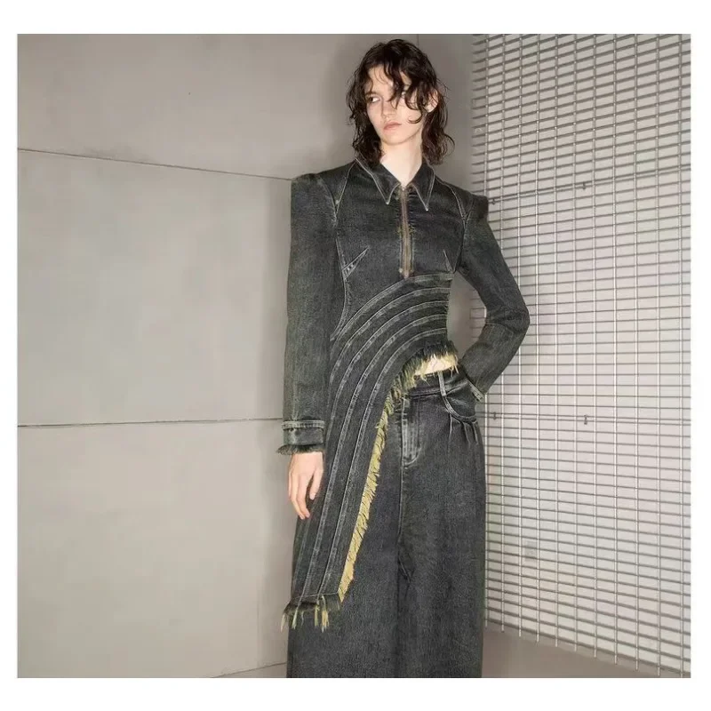 

Women Spring Autumn Jacket Cowboy Irregular Ruling Loose Long Sleeve Personalized Niche Retro Design Simple Fashion Brand Trends