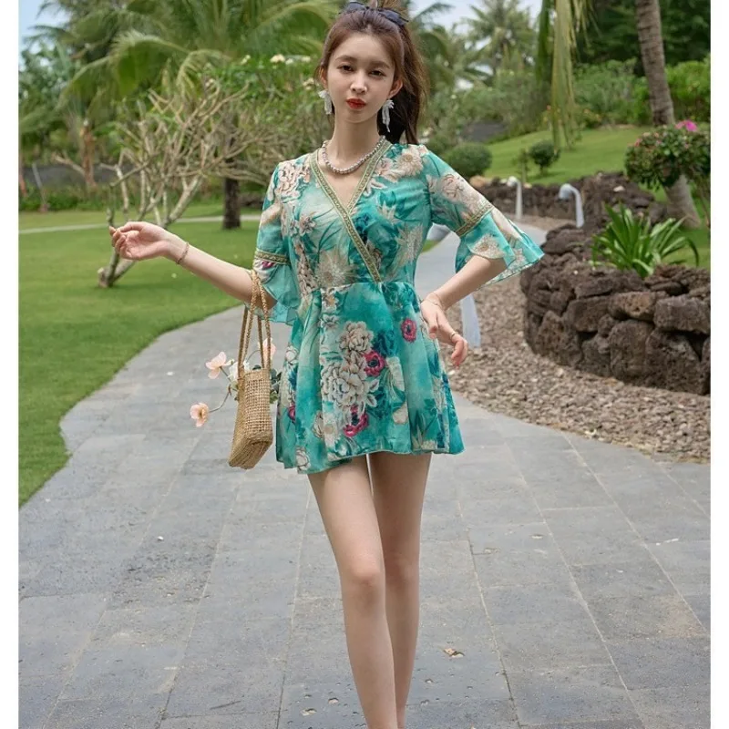 

Korea Monokini Women Swimwear Dress One Piece Swimsuit Floral Ruffle Short Sleeve Bathing Suit Sexy Beachwear 2025 New Summer