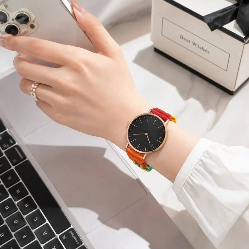 Minimalist Black Dial Women Watches Fashion Rainbow Chain Bracelet Watch Elegant Quartz Ladie Wristwatch Jewelry Gift For Girls