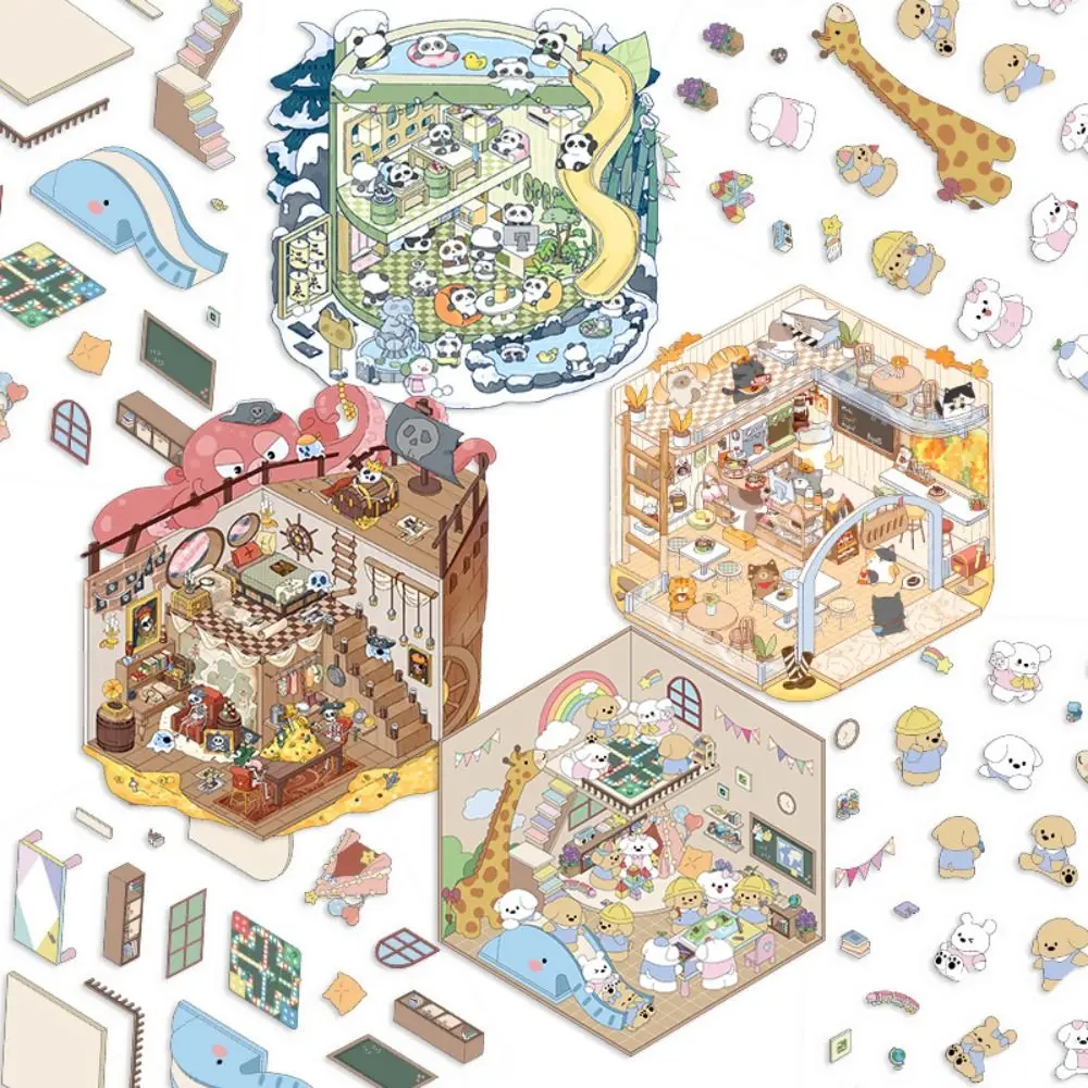 

New DIY Miniature Scene 3D Stickers Decorative House Visual Stacking Sticker Animal Cartoon Landscaping Stickers