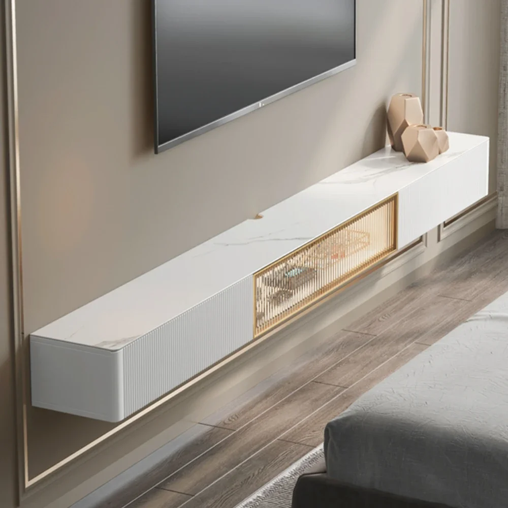 Ultra-Thin TV Cabinet Modern Simple and Light Luxury Hanging Wall Hanging Integrated Stone Plate Solid Wood