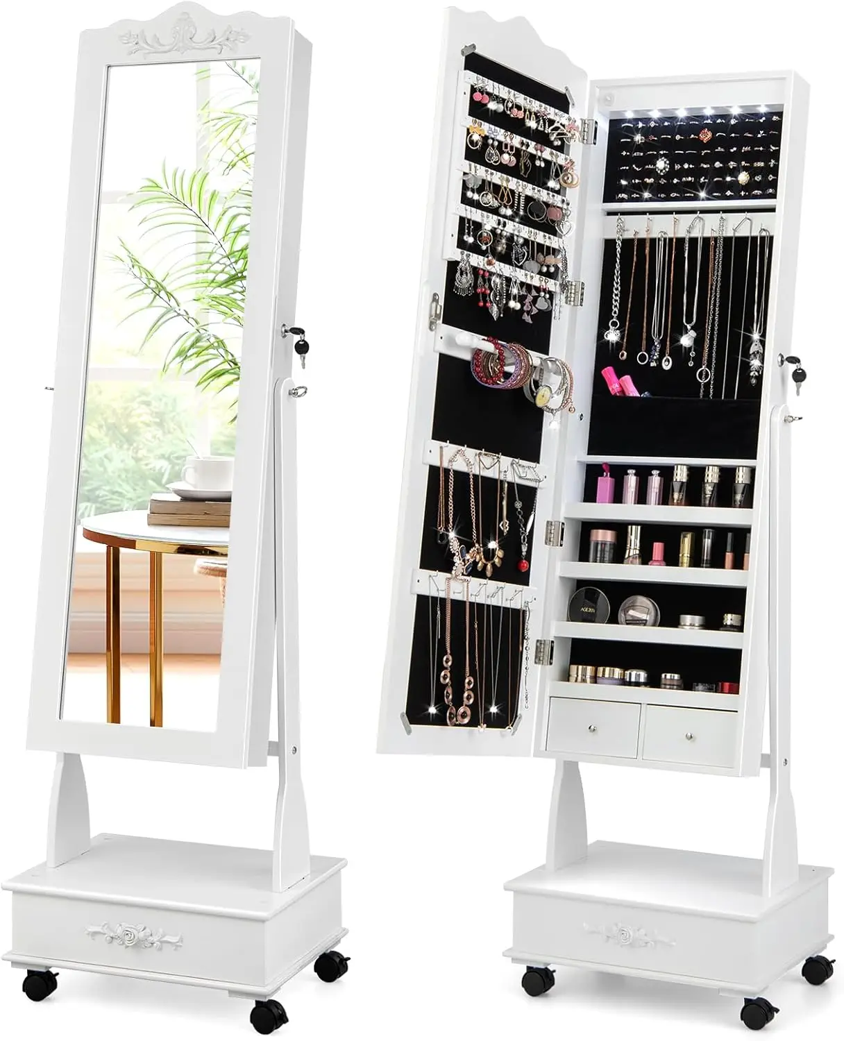 Full Length Jewelry Armoire, Lockable Jewelry Organizer with Wheels, 3-Position Adjustable Angle, 6 LEDs & Bottom Drawers(White)