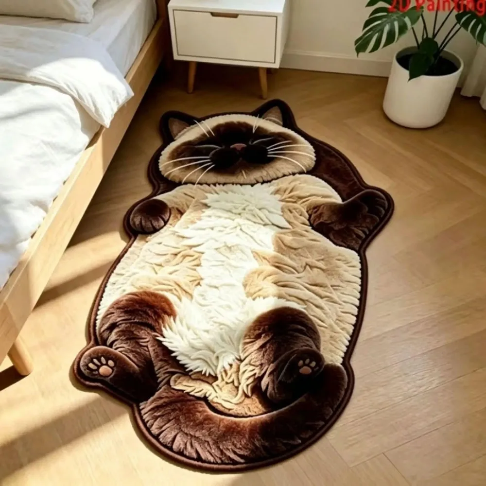 VIKAMA 2D Cat Print Rug Silver Shorthair Non Slip Oilproof Doormat for Home Bedroom Floor Ornament