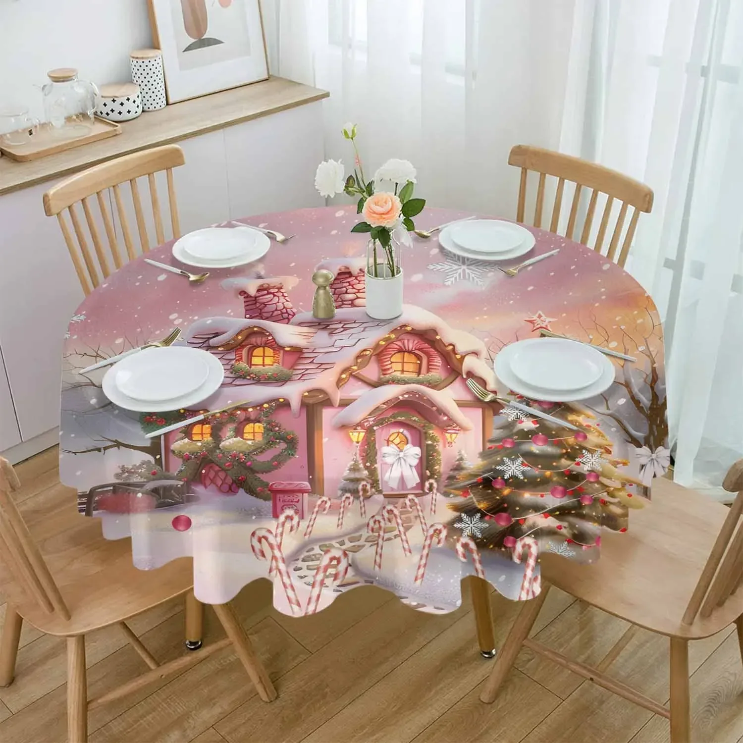 Christmas Candy House Snow View Countryside Round Tablecloth Waterproof Table Cover Home Kitchen Table Cloth Table Decoration