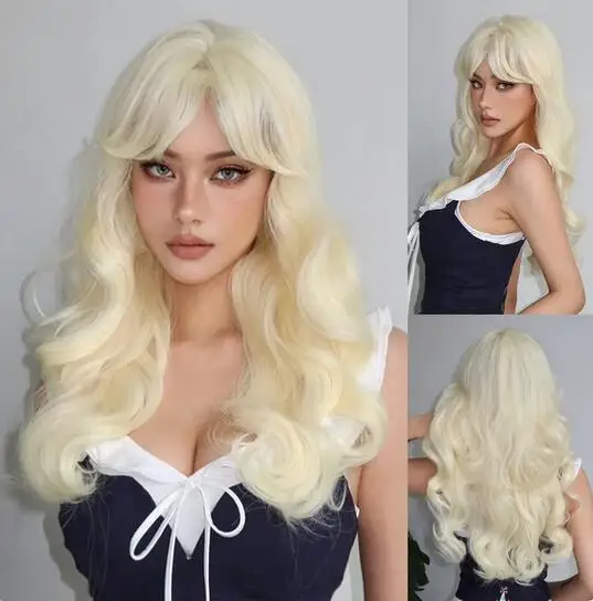 

Long Wavy Blonde Yellow Synthetic Wig with Bangs Platinum Cosplay Party Lolita Use Wigs for Women Natural Hair Heat Resistant