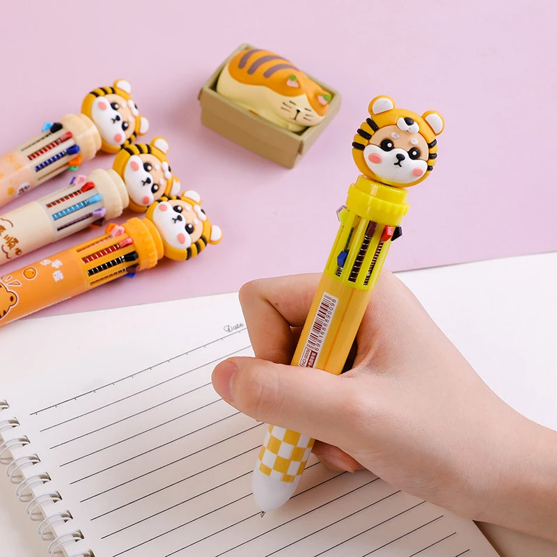 10 Colors Kawaii Tiger Ballpoint Pen 0.5mm Colorful Ink Mechanical Gel Pens Press Pens Korean Stationery School Office Supplies