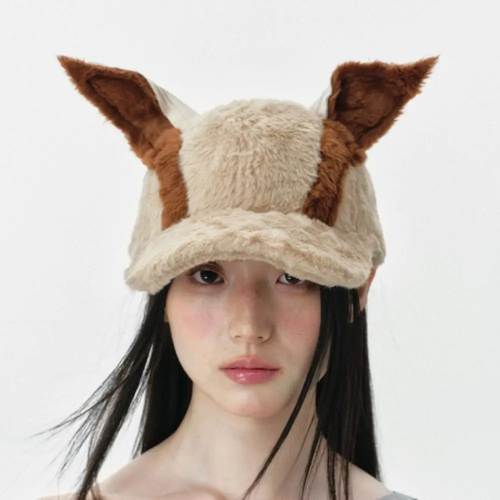 Sweet Curved Brim Dog Ear Baseball Cap Thick Streetwear Faux Fur Hat Soft Fluffy Ear Cap For Women