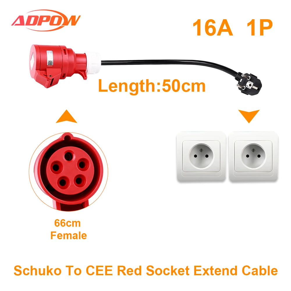 ADPOW EV Charger Schuko Plug to CEE Red Power Female Plug 5 Pins Socket Adapter Connect with 16A 3 Phase 11KW Portable Charger