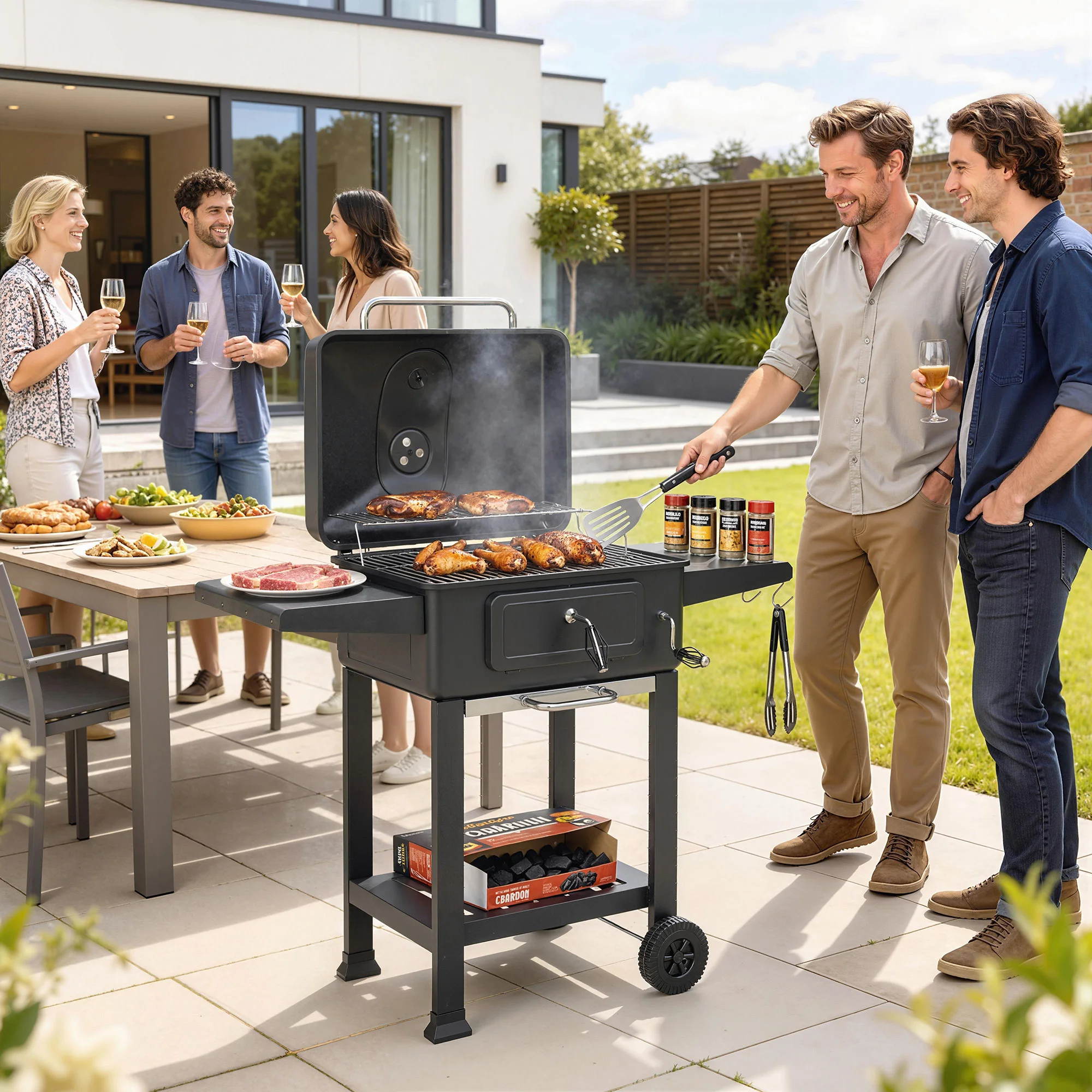 Outsunny draagbare houtskoolbarbecue, mobiele houtskoolbarbecue met dienblad en verstelbare ventilatie, zijplanken, thermometer, deksel, asbak, wielen, voordeur, handvat, zwart