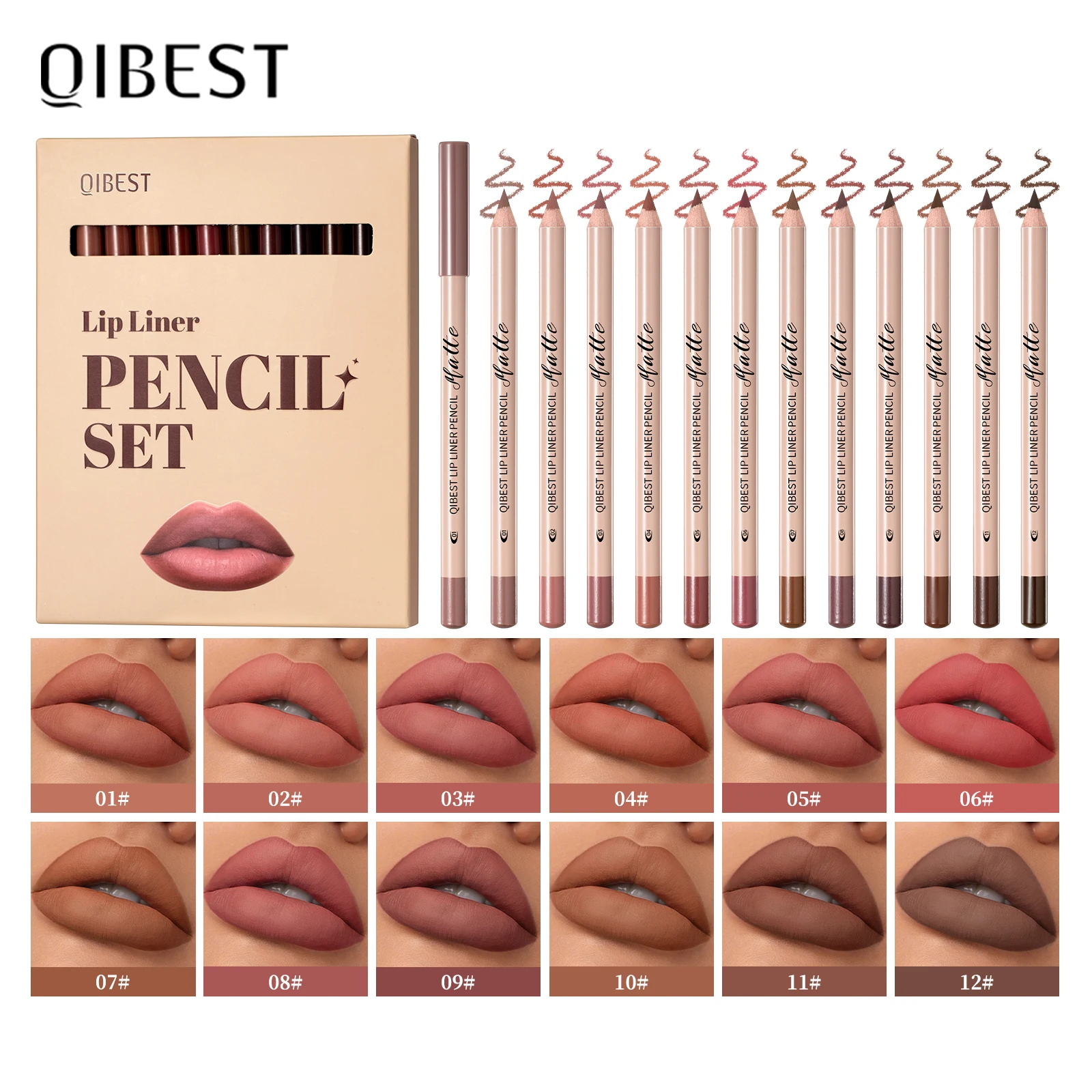 QIBEST 12-Farben-Set aus Naturholz, matt, Lippenstift und Lipliner, Nude, langanhaltendes, wischfestes Lipliner-Set