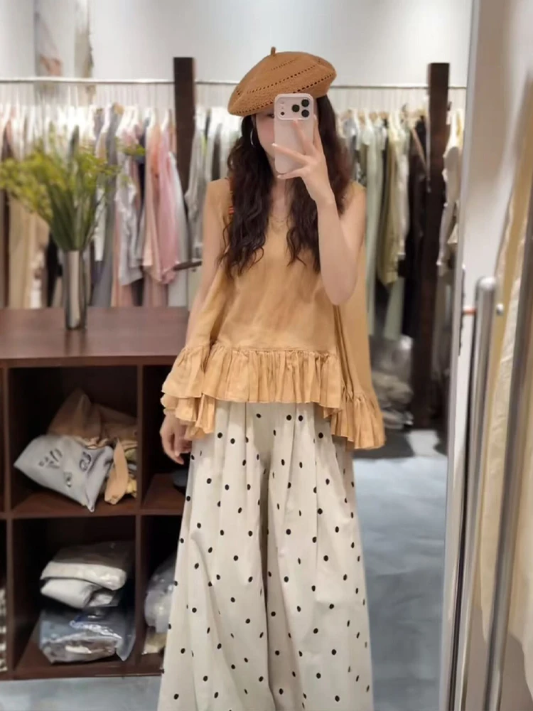 

Summer New plus Size Women's Outfit Comfortable Lazy Style Polka Dot Wide Leg Pants Sleeveless Top And Bottoms Matching Set