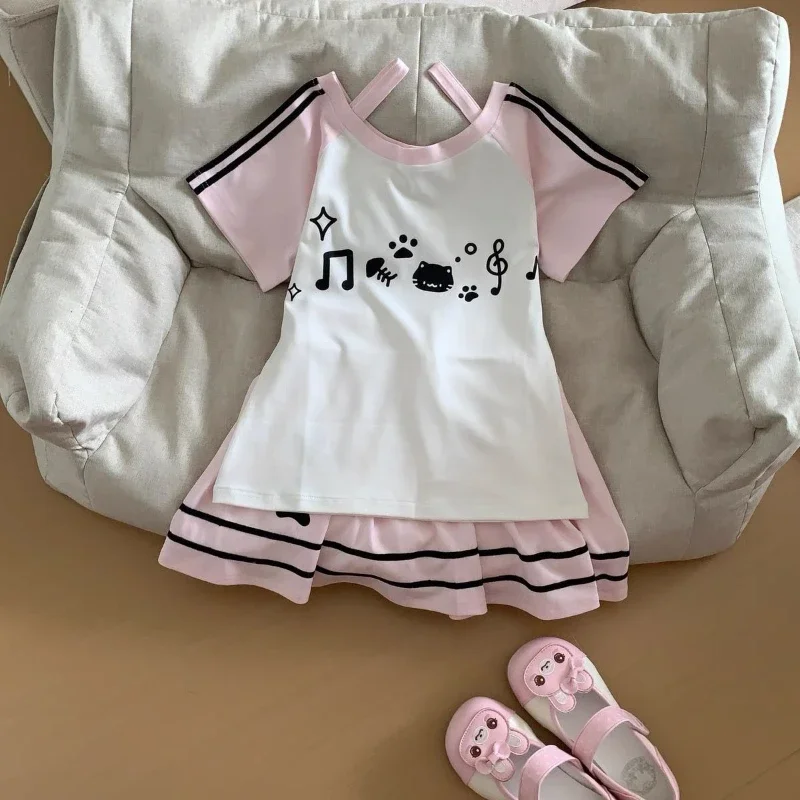 Japanese Kawaii Subculture Style 2 Piece Set Women Cute Cat Print Short Sleeve Tops A-Line Mini Skirt Sweet Lolita Outfit Summer image 6