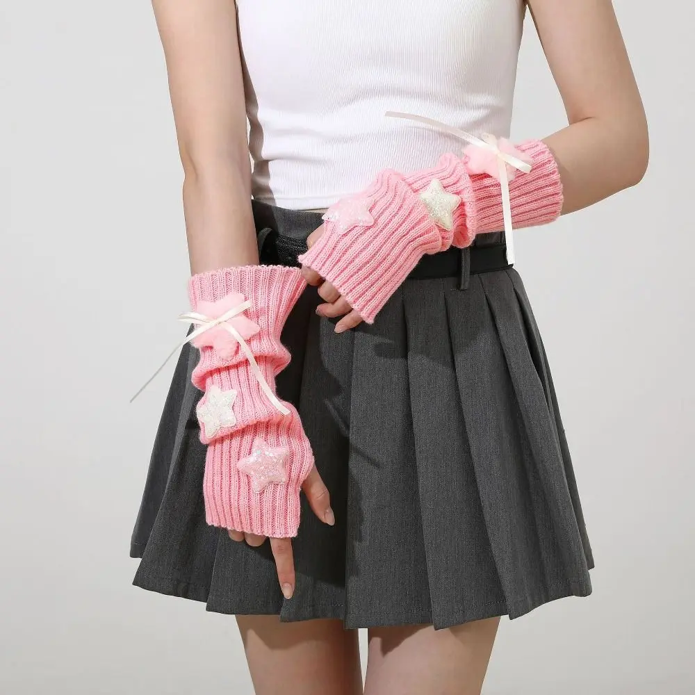 New Y2K Long Wrist Gloves Stars Thicken Arm Warmers Soft Solid Color Knitted Arm Sleeves Women