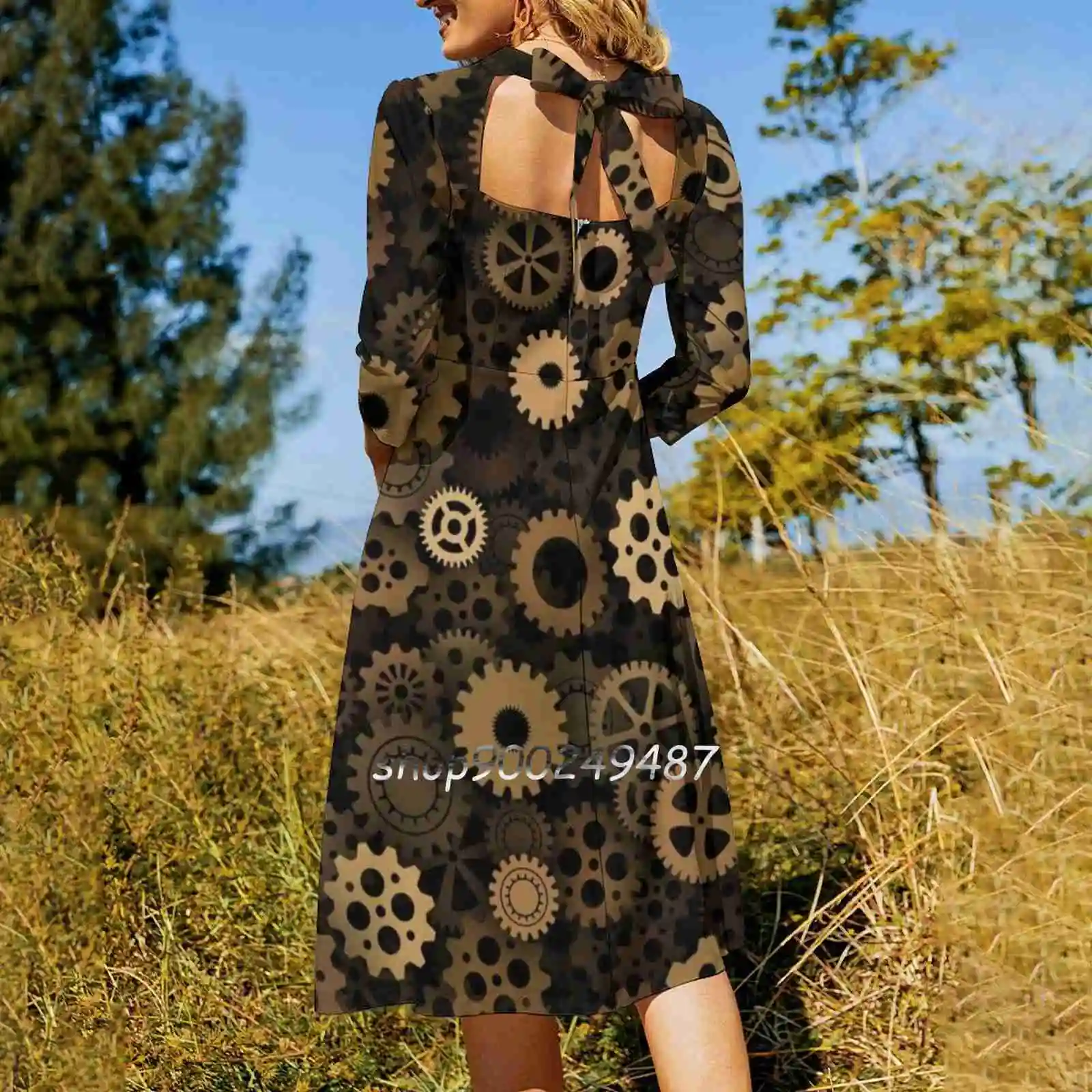 Steampunk Cogwheels Sweetheart Knot Flared Dress Fashion Design Large Size Loose Dress Gear Cog Wheel Mechanical Mechanism