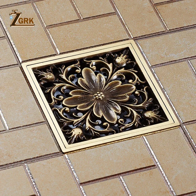 ZGRK Floor Drains Square 10cm Shower Drain Brass Floor Drain Trap Waste Grate With Hair Strainer Bathroom Shower Accessories