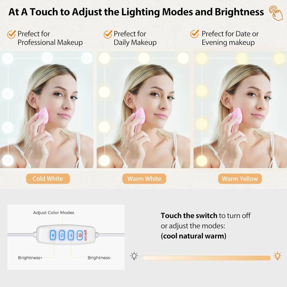 59.1"Large Vanity Desk with Mirror & Lights White Makeup Vanity Set with Power Outlet and 8 Drawers 3 Lighting Modes Adjustable