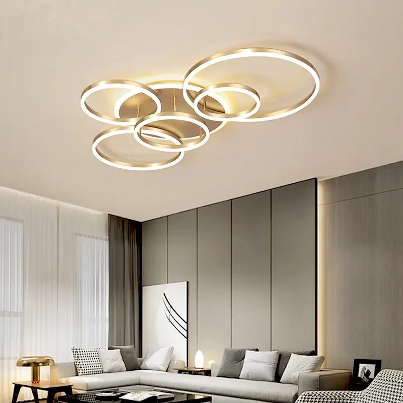 

Modern living room fashion five ring LED chandelier acrylic black gold white living room home Nordic bedroom lighting fixtures