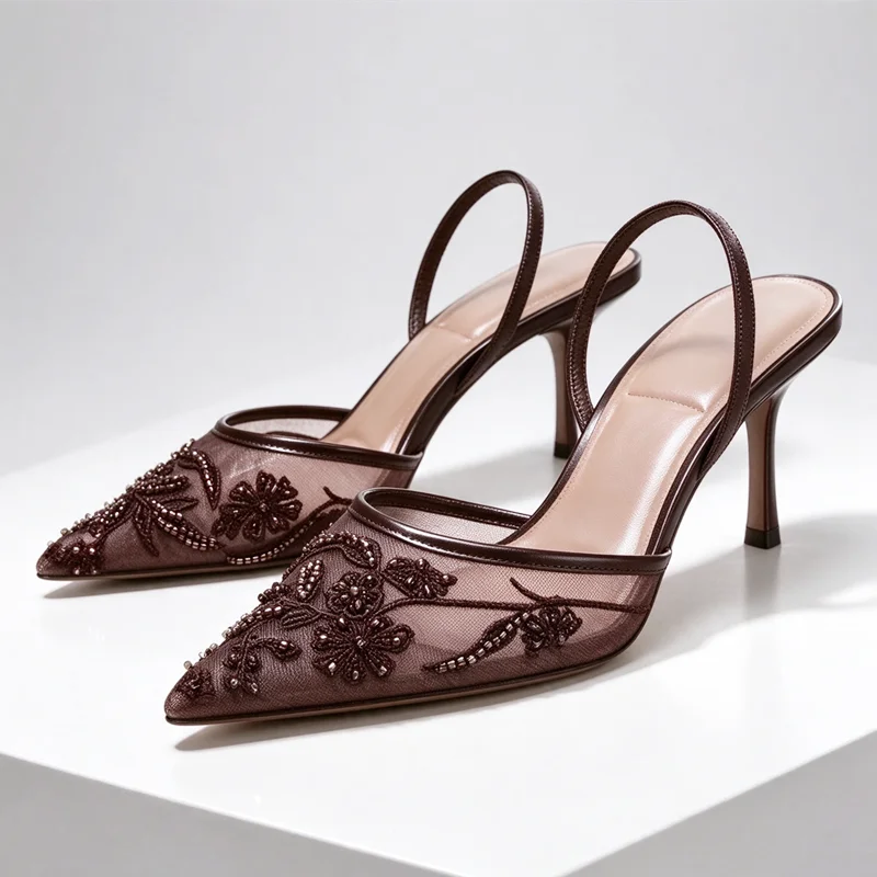 Brown String Bead Mesh Embroider Slingback High Heels Women Sexy Pointed Toe Heeled Sandals Summer Elegant Luxury Designer Shoes