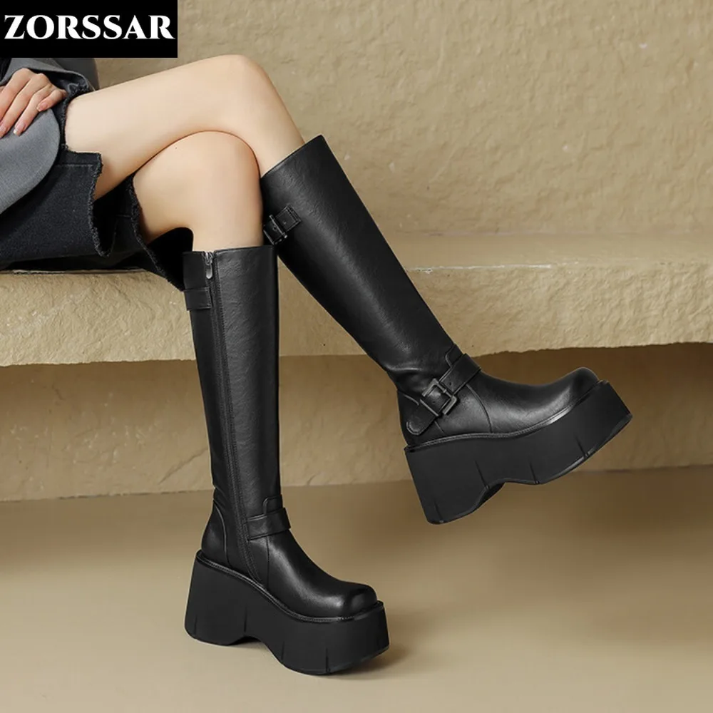 

Women Knee High Leather Boots Zipper Wedge Long Boots Fashion Pleated Round Toe Autumn Winter Solid Black Platform High Boots