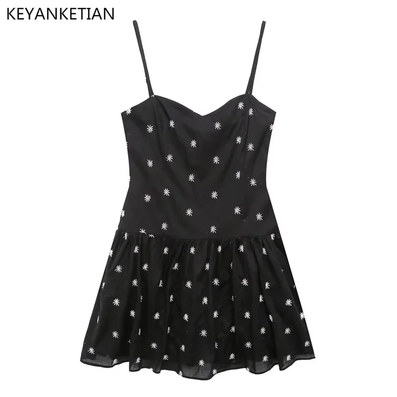 KEYANKETIAN Summer Clothes New Small Daisy Embroidery Black Suspender Dress Women's Sweet Wind High Waist Short Style Mini Skirt