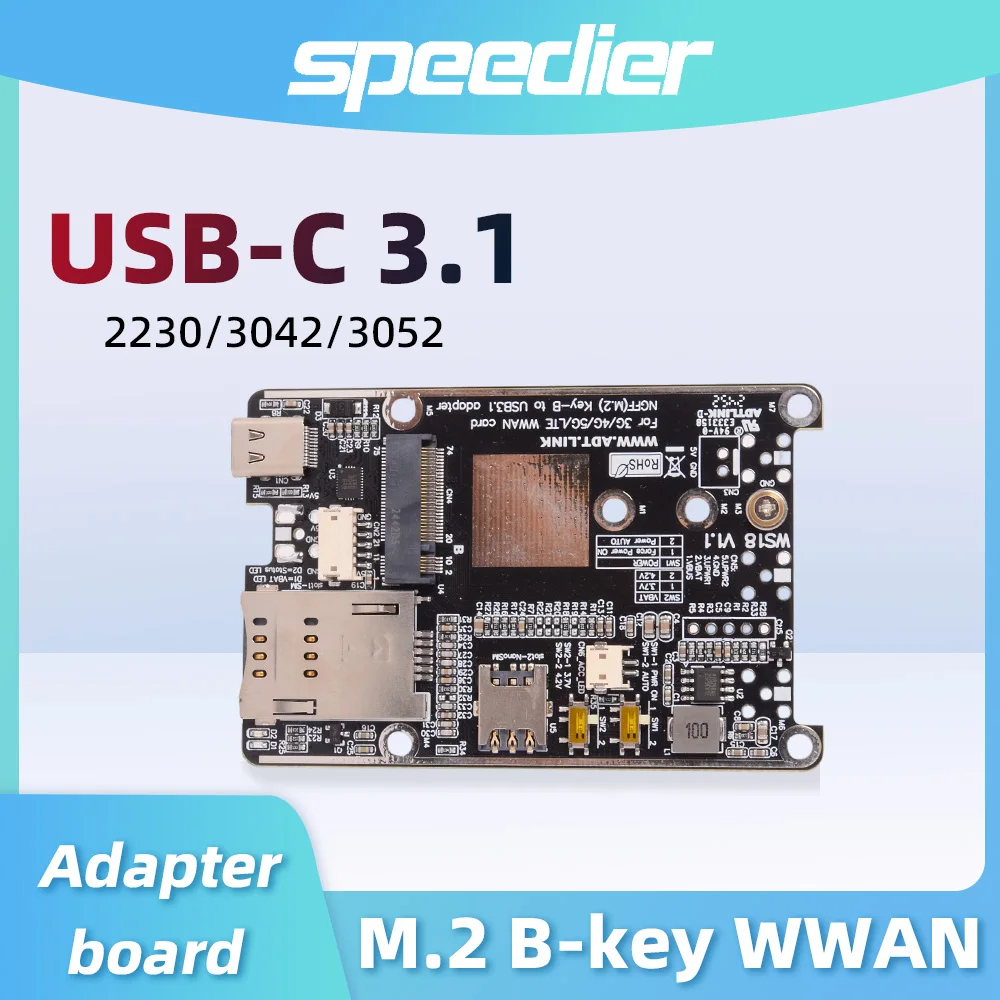 

M.2 B-key WWAN LTE Module 3G 4G 5G Card Slot to USB 3.1 Type-C Gen2x1 Adapter Board Compatible with 2230 3042 3052 USB-C