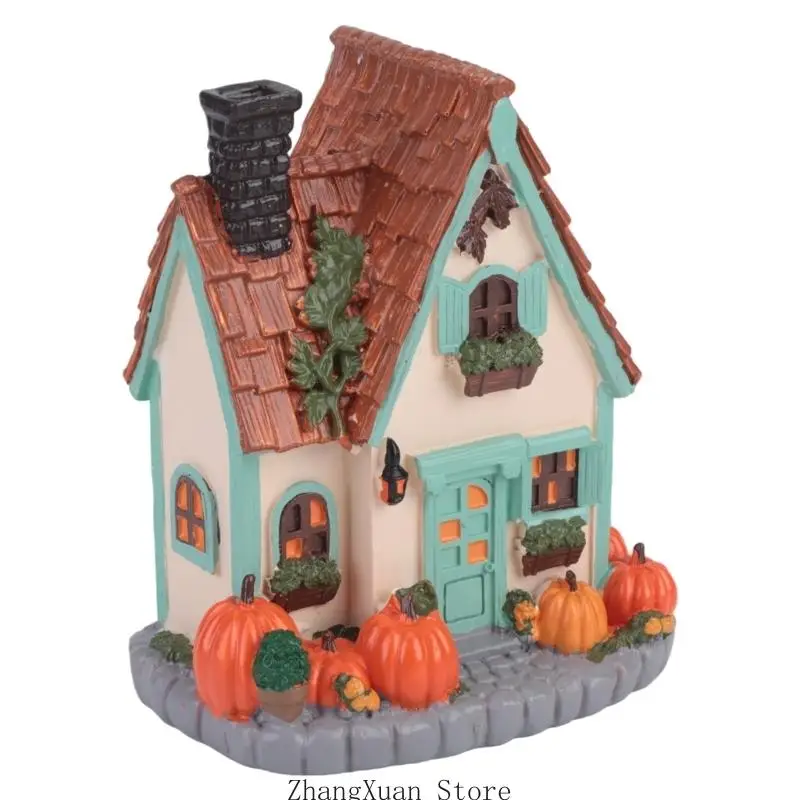 Indoor Lighted Pumpkin House Statue for Autumn Thanksgiving Shelf Decoration 3XUF